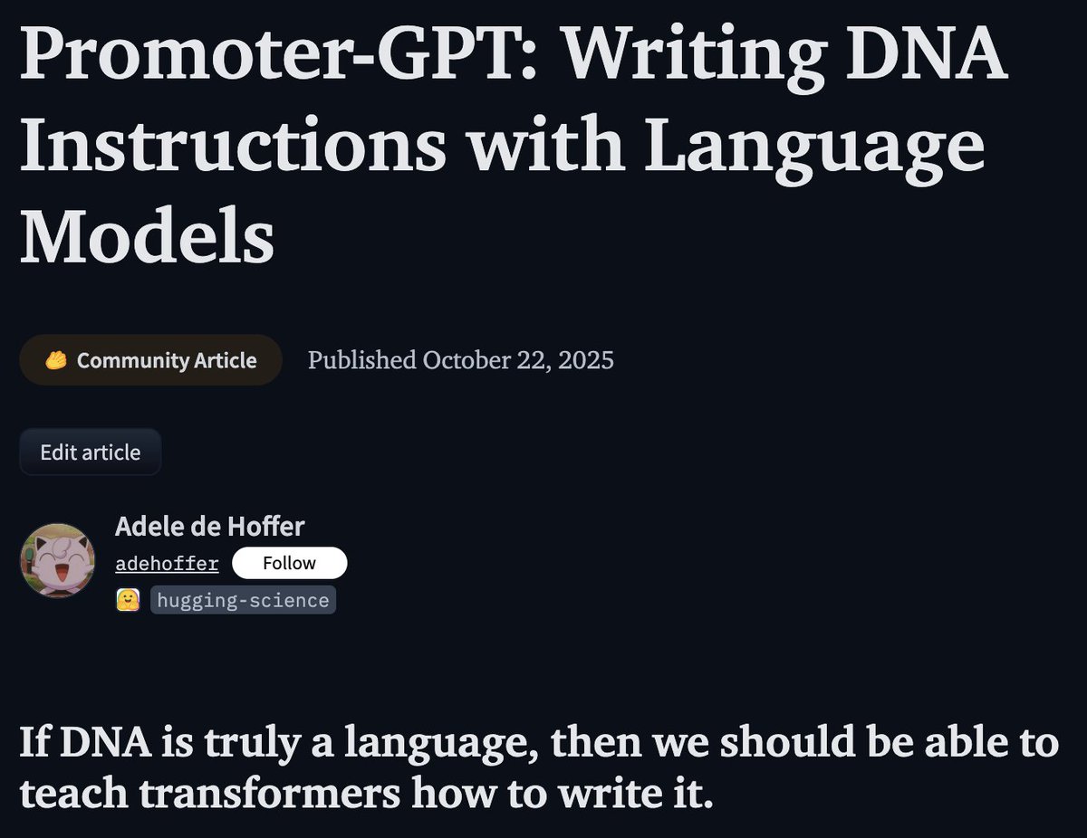 cgeorgiaw's tweet image. "if DNA is truly a language, then we should be able to teach transformers how to write it"
absolutely killer blog from @AdeledeHoffer  on training a generative DNA model, covering:
🧬k-mer tokenization for genomic data
🧬Custom vocabulary building for DNA
🧬Training a small…