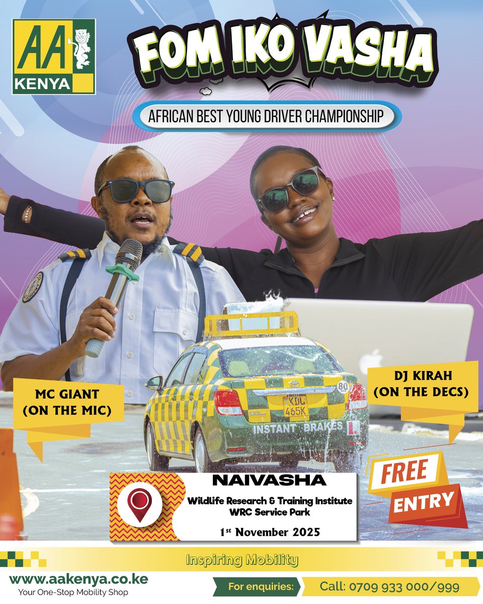 Mambo tumewapangia Vasha mtapenda! MC Giant &amp; DJ Kirah watakua site kutubamba the whole day.
Come through with your crew and cheer on our Kenyan Drivers as they battle for glory at the African Best Young Driver Championship, representing Kenya for the African title.