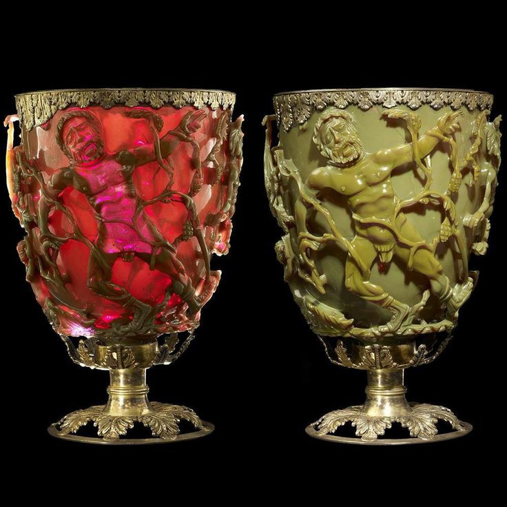 The Lycurgus Cup.

4th century AD Roman glass cup.

The cup appears green when light is shone on it and a glowing ruby red when light is shone through it.