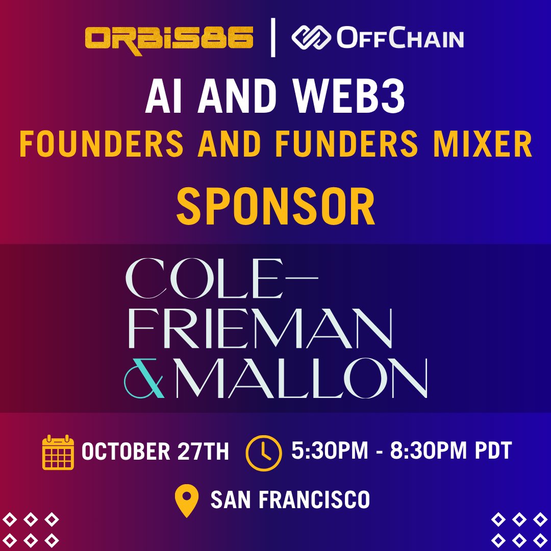 orbis86_x's tweet image. 🚀 We’re excited to announce Cole-Frieman &amp;amp; Mallon LLP - @CFMLLP as the official 𝗦𝗽𝗼𝗻𝘀𝗼𝗿 for 𝗢𝗿𝗯𝗶𝘀𝟴𝟲: 𝗔𝗜 𝘅 𝗪𝗲𝗯𝟯 – 𝗙𝗼𝘂𝗻𝗱𝗲𝗿𝘀 &amp;amp; 𝗙𝘂𝗻𝗱𝗲𝗿𝘀 𝗠𝗶𝘅𝗲𝗿 at #TechCrunchDisrupt on 𝗢𝗰𝘁𝗼𝗯𝗲𝗿 𝟮𝟳, 𝟮𝟬𝟮𝟱!

CFM is a premier #investment management…