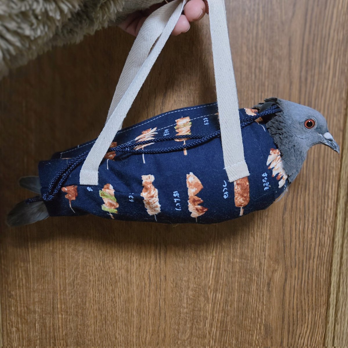 今日も鳩袋で落ち着いて計測❤️
お利口さんでした(*^_^*)
（ちょうど砂肝の位置あたりに「すなぎも」の絵柄があってシュールで気に入っております）