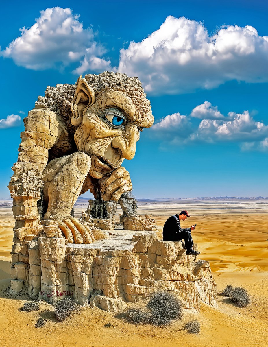 In the stillness of giants, humanity scrolls