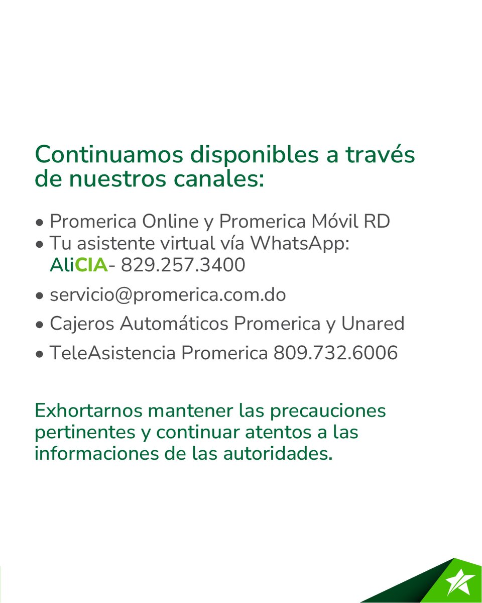 Según la disposición del Gobierno y organismos de emergencia, y como prevención a las fuertes lluvias, nuestras oficinas y sucursales ubicadas en zonas de alerta roja estarán laborando hasta las 1:00 p.m. de este miércoles 22 de octubre 2025.