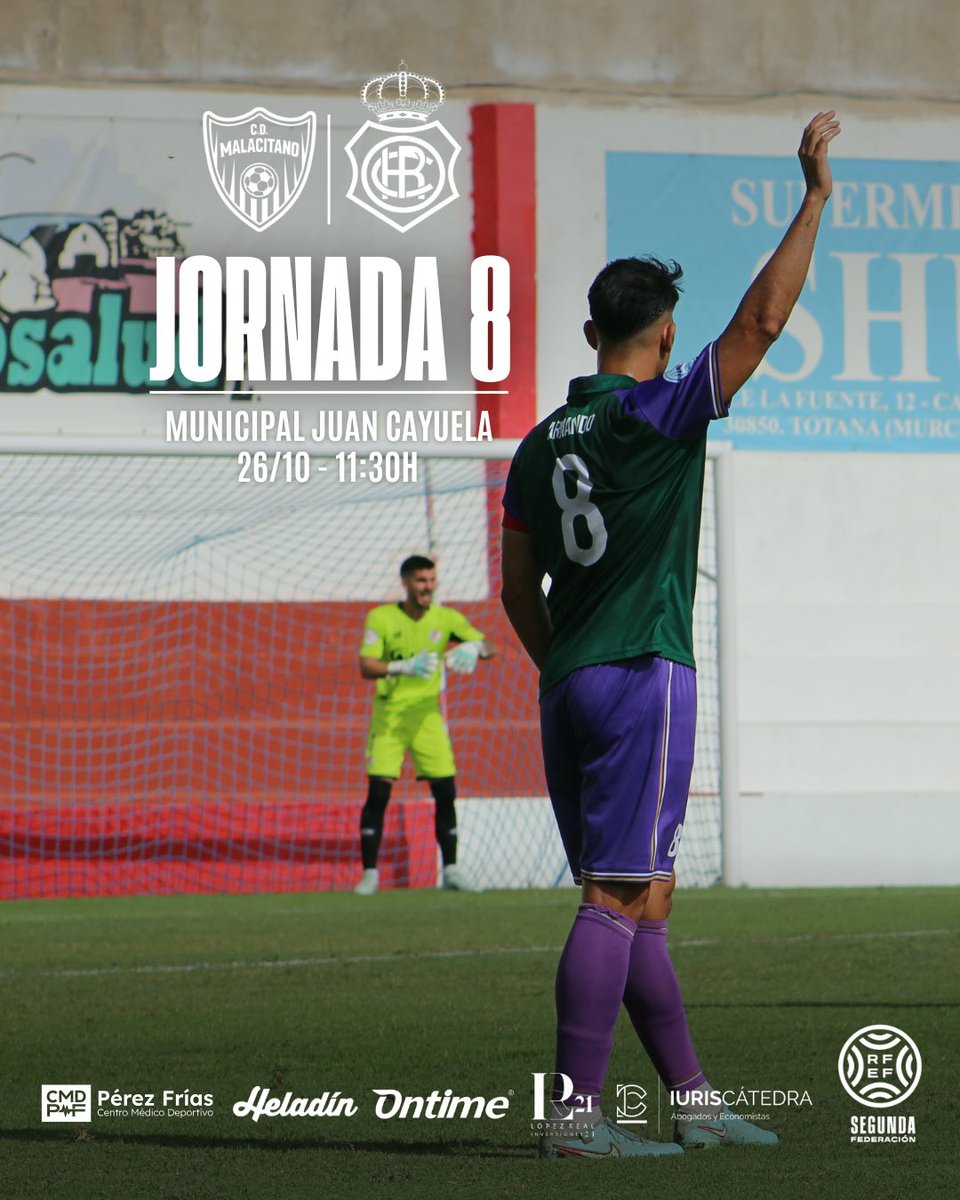 | 𝐏𝐑𝐎́𝐗𝐈𝐌𝐎 𝐏𝐀𝐑𝐓𝐈𝐃𝐎 |

🏆 JORNADA 8
🗓️ 26/10
🕒 11:30H
🆚 <a href="/recreoficial/">RC Recreativo de Huelva</a> 
🏟️ Estadio Municipal Juan Cayuela
📺 webdirecto.com/club/c-d-malac…
🎟️ 10€ entrada general en taquilla 

#MalacitanoRecre 💚💜