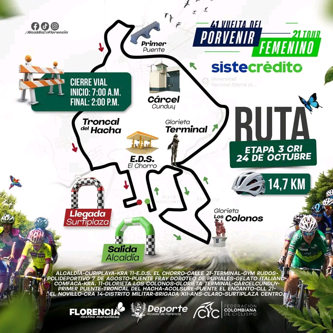 🚴‍♀️ ¡La Vuelta del Porvenir #41 y el Tour Femenino #21 llegan a Florencia! 🇨🇴
Disfruta de las diferentes etapas y rutas de este gran evento que reúne a los mejores ciclistas del país.

 #FlorenciaDestinoMaravilloso
<a href="/fedeciclismocol/">Federación Colombiana de Ciclismo</a>
  #HaciendoGrandeAFlorencia