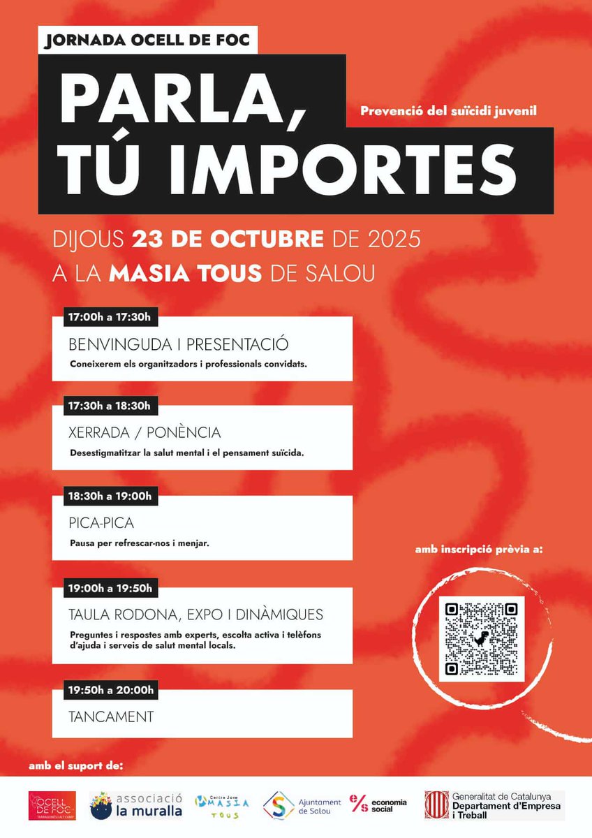 Dintre del mes de la Salut Mental, desde associació Salut i Ment la Muralla hem preparat una Xerrada a carrec de Ocell de Foc, sobre prevenció del Suicidi el Dijous 23 a la Masia Tous de Salou a les 17:00 . Us esperem