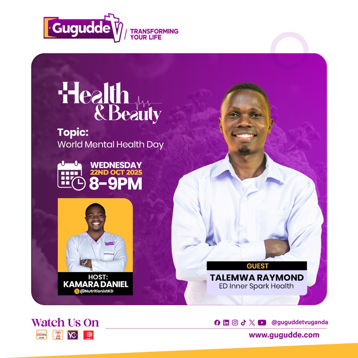 I’m honored to be a guest on Gugudde TV’s Health &amp; Beauty Show this Wednesday, 22nd October 2025 (8–9 PM), discussing World Mental Health Day.

Mental health is a vital part of our overall well-being — and as we continue to advocate for healthier minds.