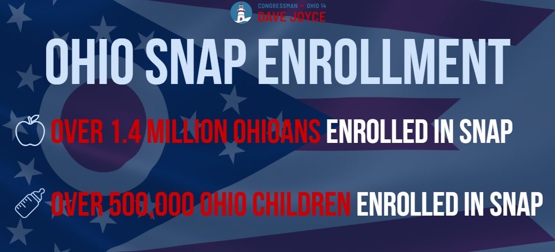 RepDaveJoyce's tweet image. Senator Schumer&apos;s refusal to pass the clean CR is endangering food security for our most vulnerable populations. Ohio has over 1.4 million enrollees in SNAP who could see their benefits disrupted if the Schumer Shutdown goes into November.