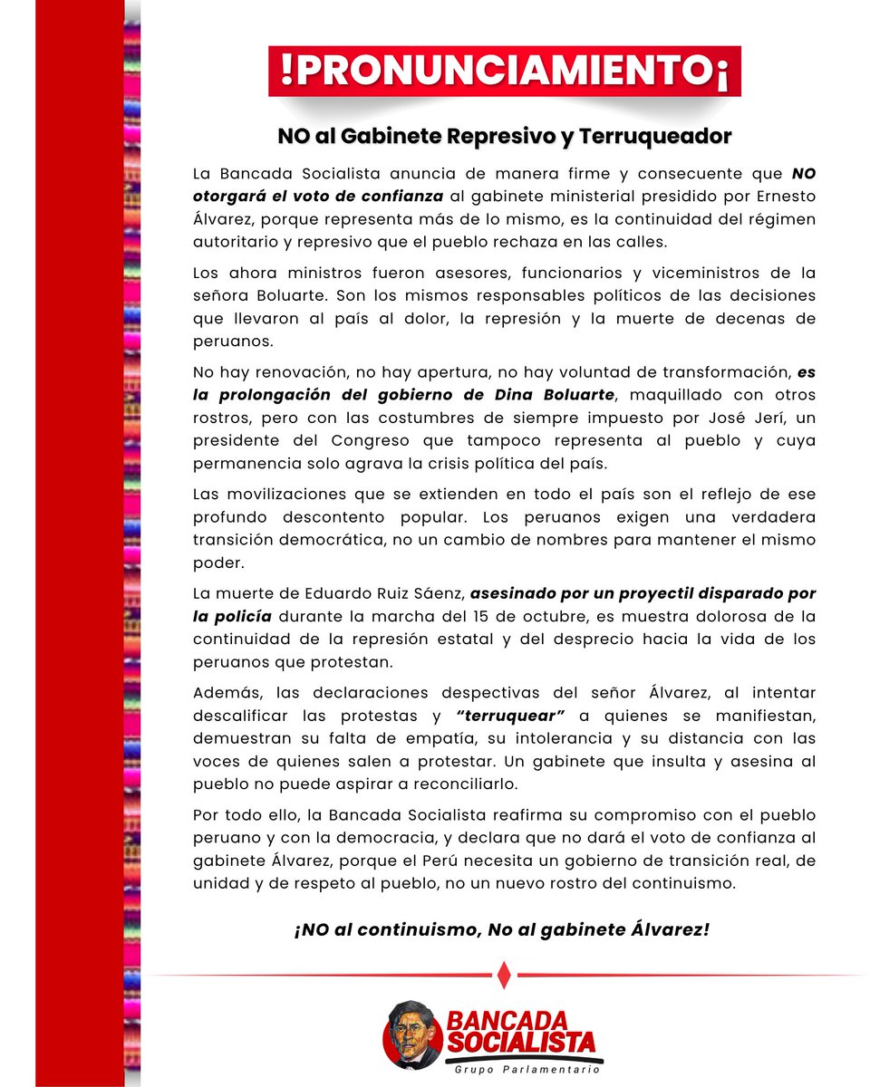 La Bancada Socialista, firme con sus principios NO otorgará el voto de confianza al gabinete del señor Álvarez. Es más de lo mismo. Los mismos operadores con diferente careta. ¡No al continuismo!
