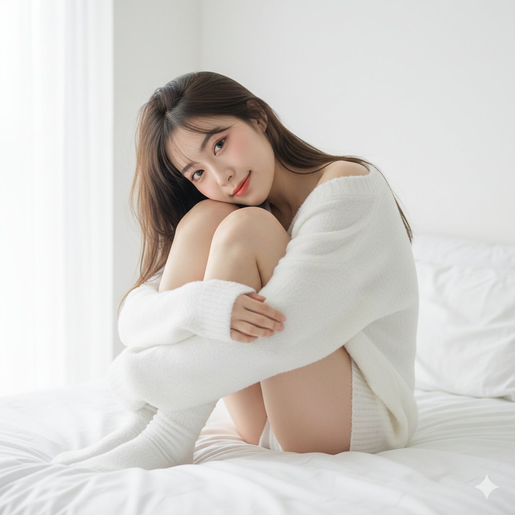 songguoxiansen's tweet image. 美丽女子膝盖抱于胸前坐在床上-NanoBanana提示词分享
柔和、天真、淡淡的微笑
宽松、毛绒白色针织毛衣,一只肩微微滑落
膝盖抱于胸前坐在床上
提示词太长,见评论。👇🏻👇🏻👇🏻