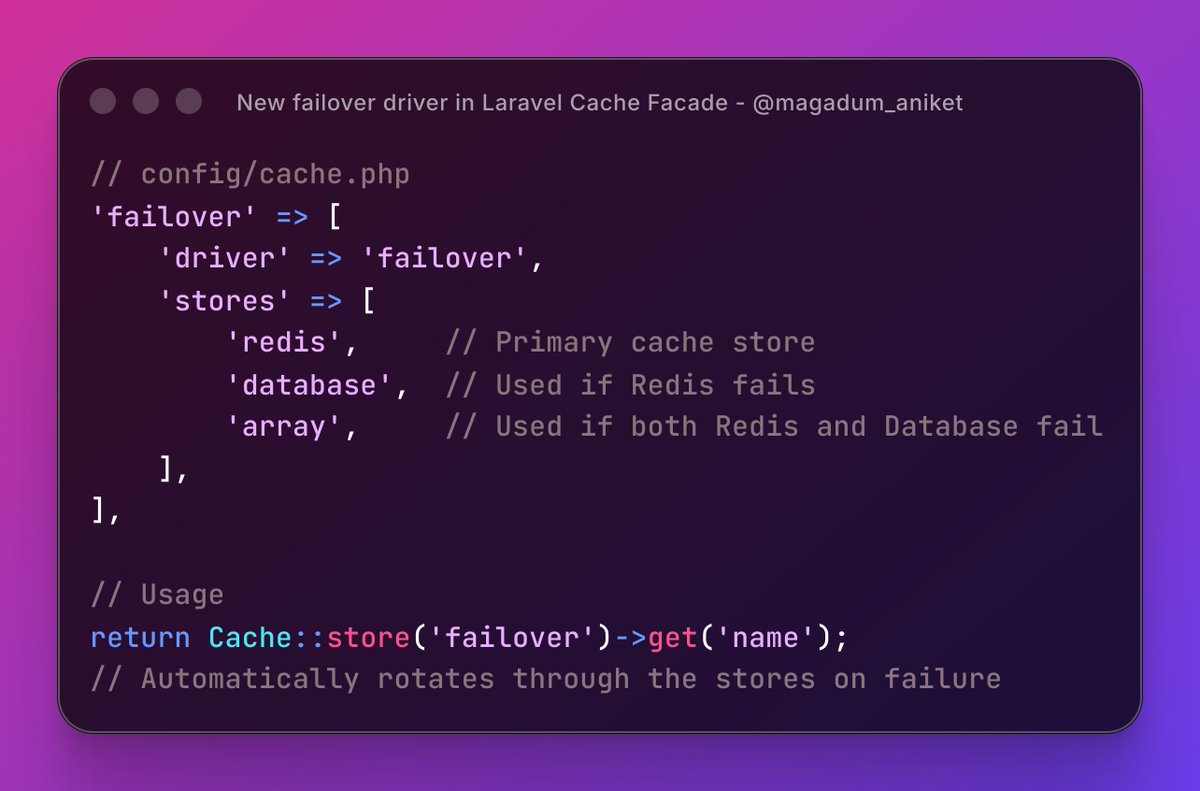 magadum_aniket's tweet image. Hey Laravel Developers 👩💻
Starting with Laravel v12.35.0, a new driver is available for the Cache facade called "failover".
This driver enables us to configure multiple cache stores, allowing us to use the next store in the failover list if an operation fails on one cache…