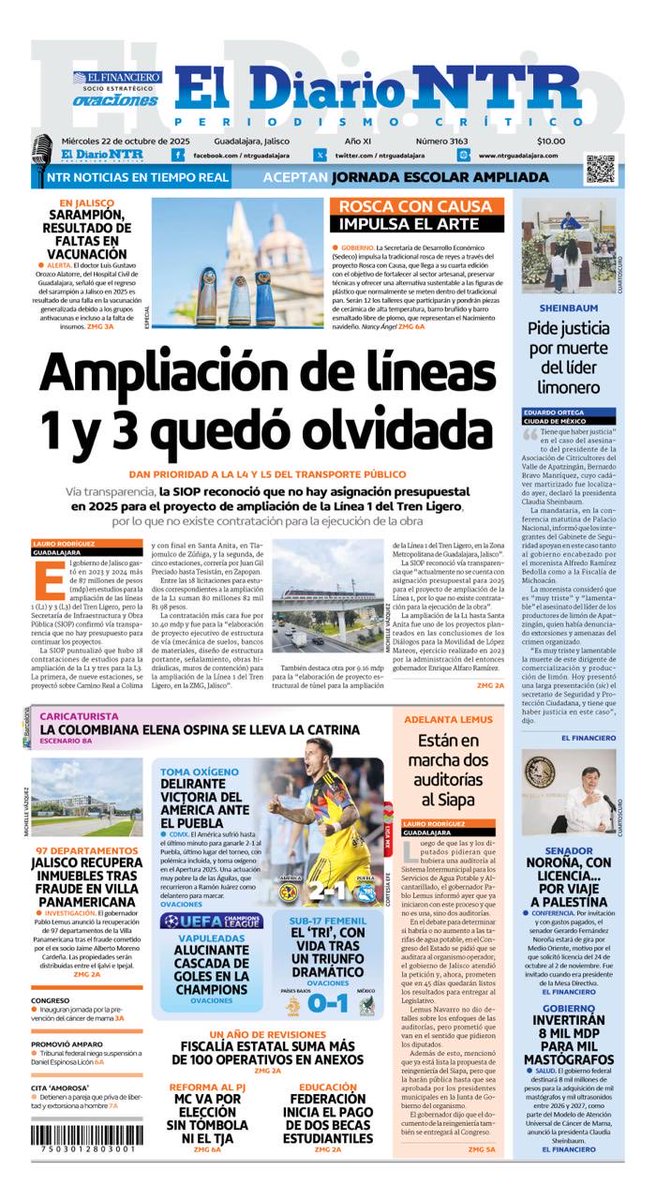 Sonia Serrano (@sonia_ssi) on Twitter photo Buenos días. En nuestra portada de hoy, el <a href="/GobiernoJalisco/">Gobierno de Jalisco</a> gastó más de 87 millones de pesos en estudios para la ampliación de las líneas 1 y 3 de Tren Ligero, para luego abandonar los proyectos <a href="/laurorodriguez_/">Lauro Rodríguez</a> <a href="/NTRGuadalajara/">El Diario NTR Guadalajara</a> Buenos días. En nuestra portada de hoy, el <a href="/GobiernoJalisco/">Gobierno de Jalisco</a> gastó más de 87 millones de pesos en estudios para la ampliación de las líneas 1 y 3 de Tren Ligero, para luego abandonar los proyectos <a href="/laurorodriguez_/">Lauro Rodríguez</a> <a href="/NTRGuadalajara/">El Diario NTR Guadalajara</a>