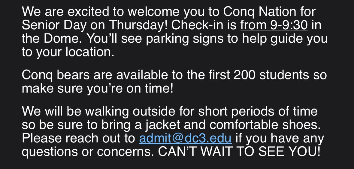 FYI - if you missed my Senior Day email and plan to join us tomorrow!