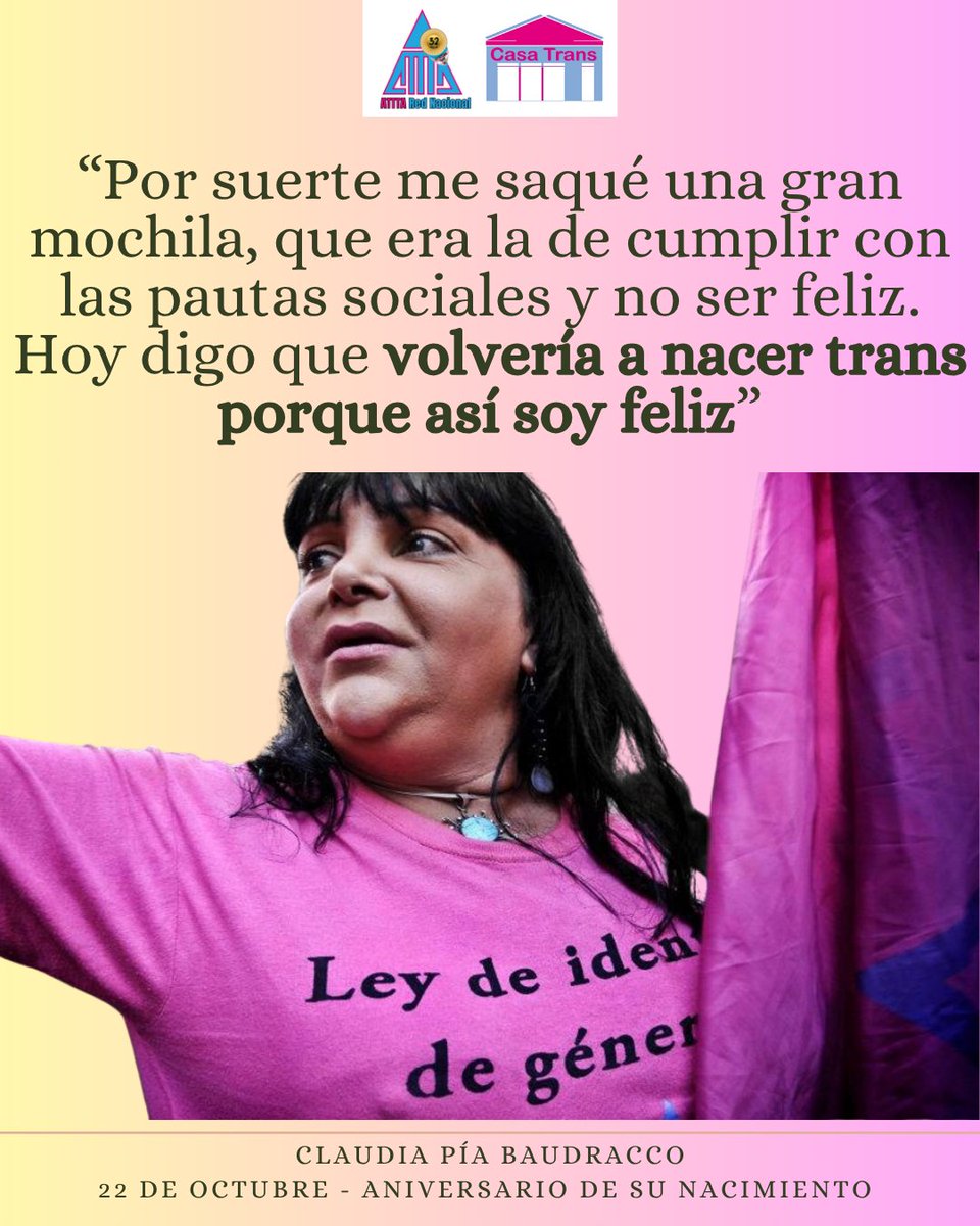 ✊🏽Recordamos en el día de su nacimiento a Claudia Pía Baudracco, fundadora de #ATTTARedNacional y celebramos su enorme trabajo como una de las principales referentes de la lucha por los derechos de las #personastrans en Argentina y en América Latina.
🙌🏽🏳️‍⚧️
 
<a href="/marcela__romero/">Marcela Romero</a>