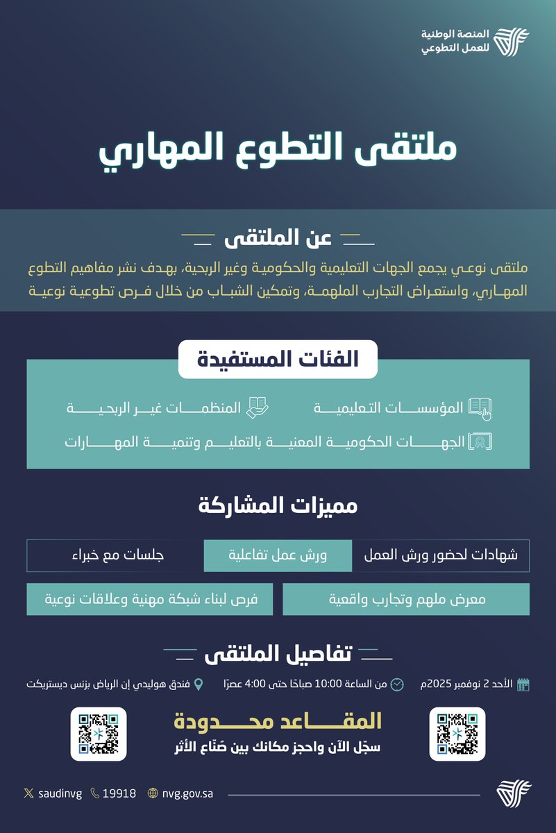 تجارب مُلهمة، ورش عمل تفاعلية، وجلسات حوارية مع الخبراء 
كن جزءًا من #ملتقى_التطوع_المهاري وطور مهاراتك.

احجز مكانك:
  ncnp.gov.sa/ar/skilled-vol…