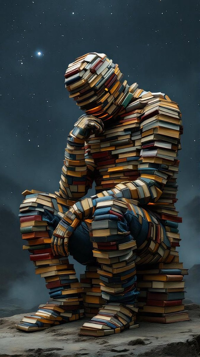A contemplative figure made of books 📚
This surreal phone wallpaper blends aesthetic depth, introspection, and timeless wisdom. A tribute to the knowledge coded within us—where memory meets meaning under the stars 🌌 4k 🩸✨
#ArtOfTheDay #BookLovers #phonewallpaper