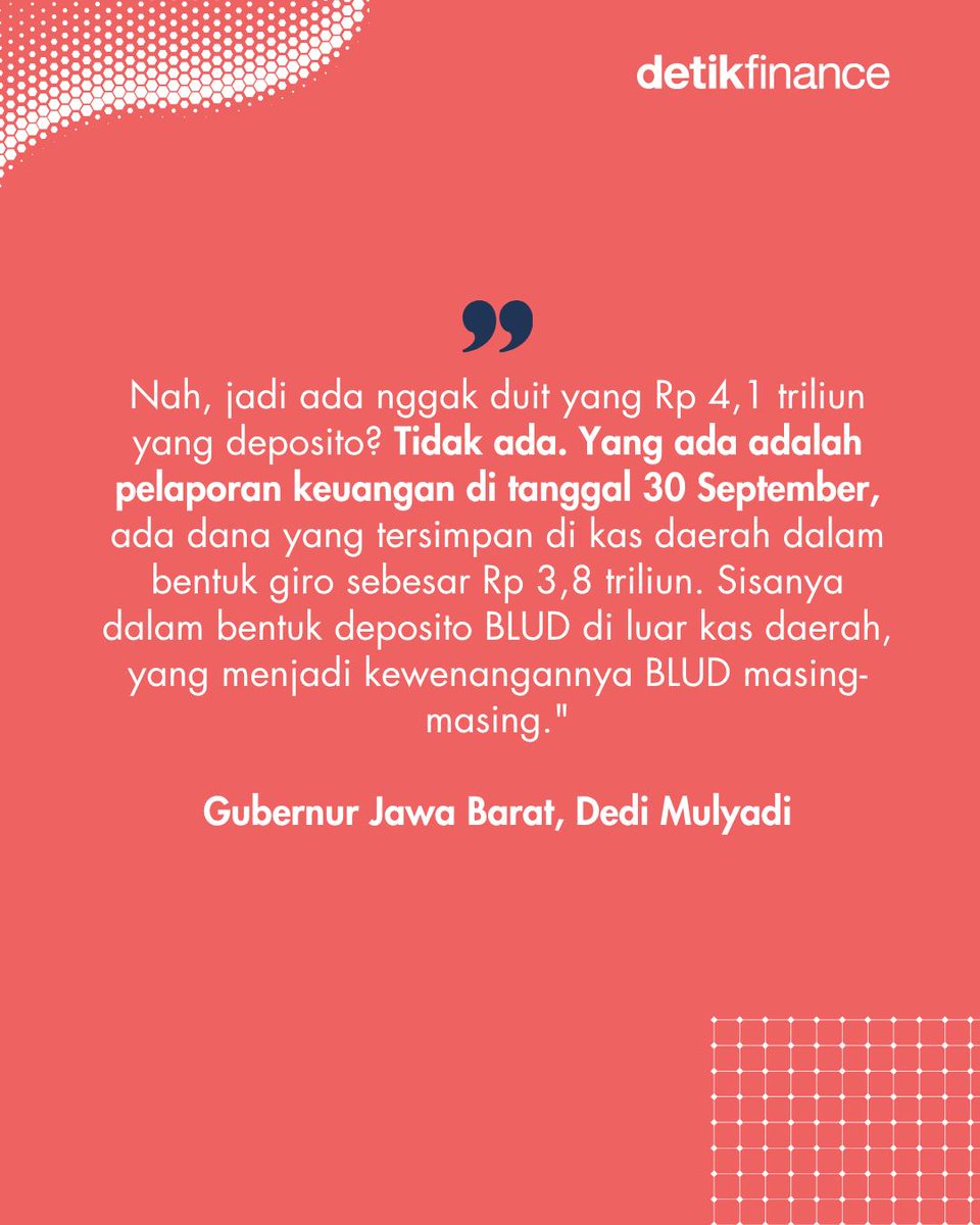 detikfinance's tweet image. Gubernur Jabar Dedi Mulyadi atau KDM membantah tudingan Menkeu Purbaya Yudhi Sadewa soal dana Pemda mengendap di bank dalam bentuk deposito. Bantahan itu mengacu pada penjelasan yang diterimanya dari BI.

&amp;gt;&amp;gt; finance.detik.com/moneter/d-8173…

#KDM #PurbayaYudhiSadewa #DediMulyadi