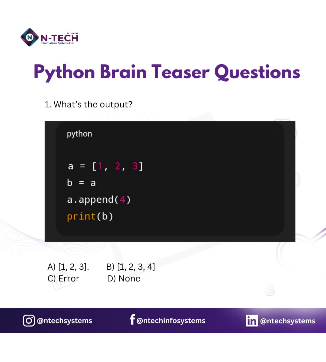 ntechsystems's tweet image. Trivial Wednesday Quiz! 

#Python #BrainTeaser #TrivialWednesday #Coding
#NTechSystems