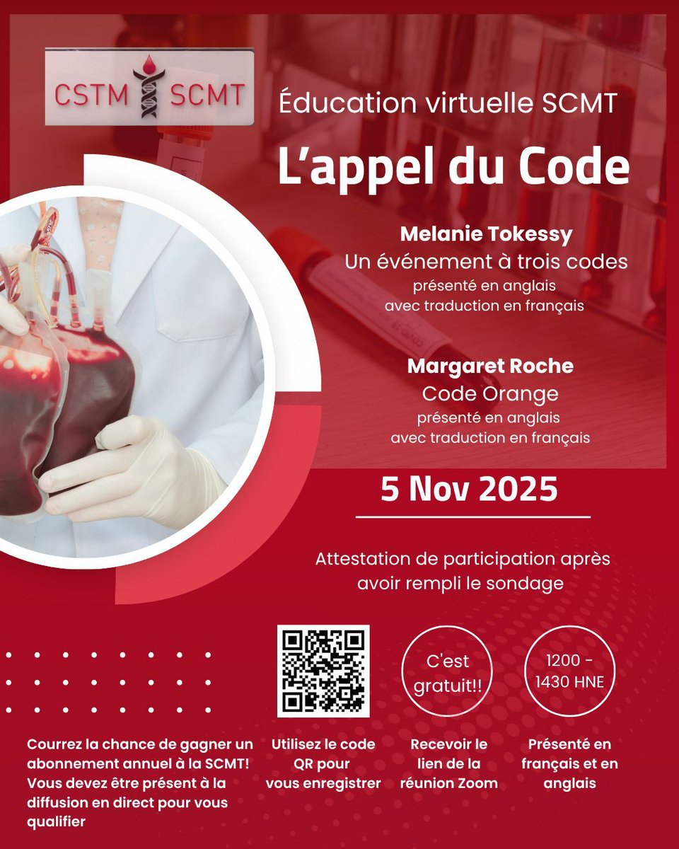 CanSocTransMed's tweet image. What happens when the code call comes? Join our free virtual education Nov 5 to find out
Link in bio / lien dans la bio
Que se passe-t-il lorsque l’appel de code arrive ? Rejoignez notre session d’éducation virtuelle gratuite le 5 novembre pour découvrir
#cstm_scmt #transfusion