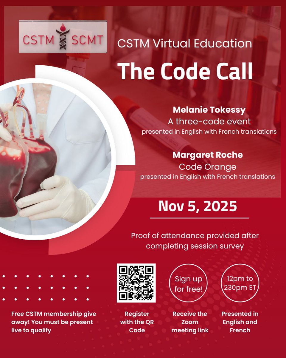 CanSocTransMed's tweet image. What happens when the code call comes? Join our free virtual education Nov 5 to find out
Link in bio / lien dans la bio
Que se passe-t-il lorsque l’appel de code arrive ? Rejoignez notre session d’éducation virtuelle gratuite le 5 novembre pour découvrir
#cstm_scmt #transfusion