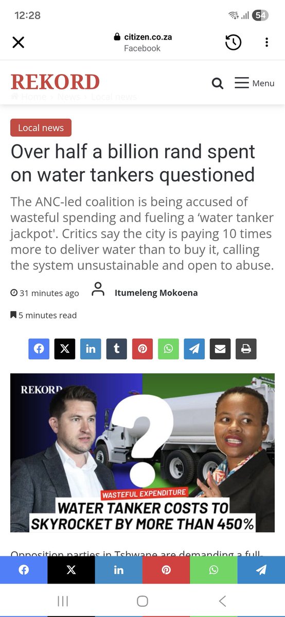 “Tshwane pays one cent per litre for water, but 10 cents per litre to deliver it by tanker,”
 ‘a breeding ground for the water mafia’.
“We have evidence of double-billing, tankers parked for hours doing nothing, and routes with no proper monitoring."😔😔😔
citizen.co.za/rekord/news-he…