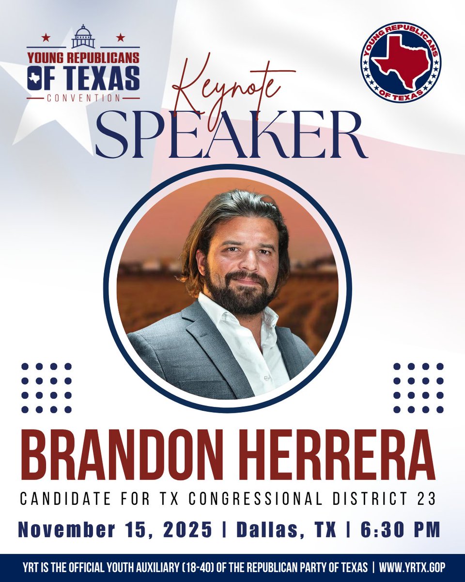 We're thrilled to have congressional candidate Brandon Herrera as the keynote speaker at our end of convention celebration! Tickets go on sale TOMORROW!

This event is open to all friends and supporters -- a great chance to hear from <a href="/TheAKGuy/">Brandon Herrera</a> and socialize with Young Republicans