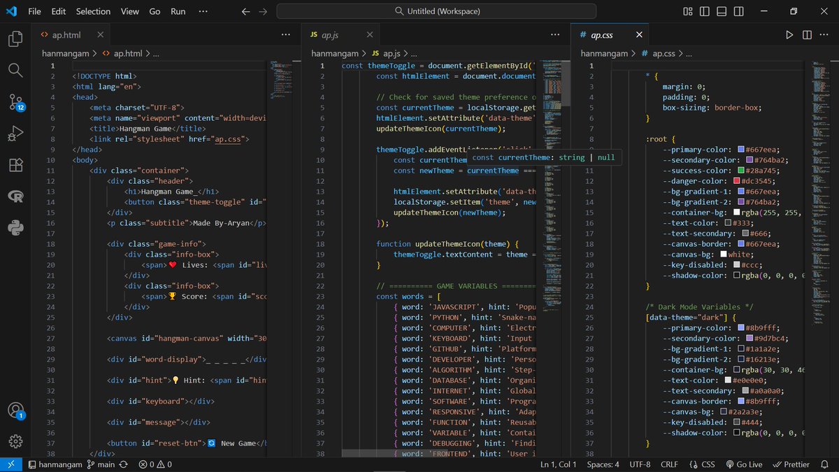 AryanSadanshiv's tweet image. 💡 Hangman — Interactive Word Puzzle Game
Built a fully interactive Hangman Game where users guess hidden words letter by letter
📂 GitHub Repo: github.com/mrsoftware98/h…
#frontenddevelopers #webgamedev