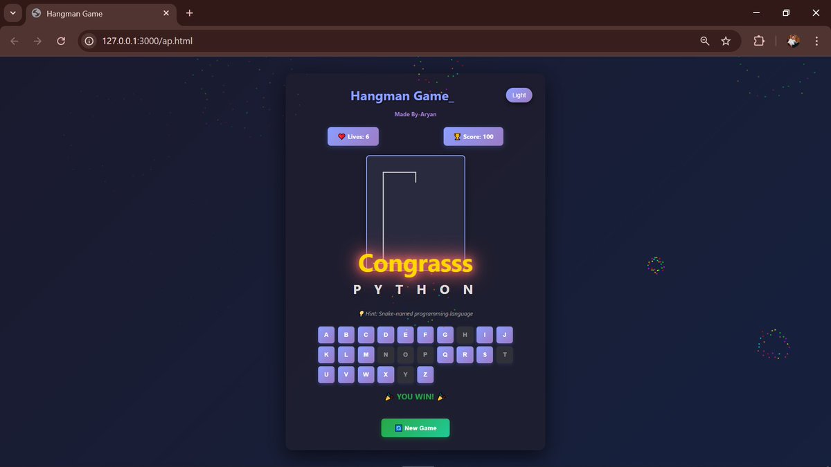 AryanSadanshiv's tweet image. 💡 Hangman — Interactive Word Puzzle Game
Built a fully interactive Hangman Game where users guess hidden words letter by letter
📂 GitHub Repo: github.com/mrsoftware98/h…
#frontenddevelopers #webgamedev