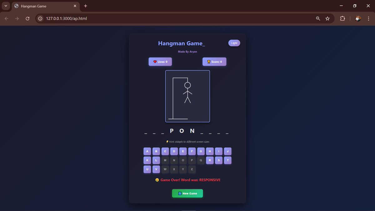 AryanSadanshiv's tweet image. 💡 Hangman — Interactive Word Puzzle Game
Built a fully interactive Hangman Game where users guess hidden words letter by letter
📂 GitHub Repo: github.com/mrsoftware98/h…
#frontenddevelopers #webgamedev