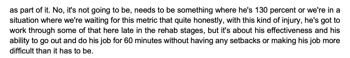 Succinct explanation from Kevin O'Connell on what the Vikings are waiting for with J.J. McCarthy. Not a return to some mythical state of complete health. He'll have to push through some. But enough function to "do his job for 60 minutes" w/ no setbacks or limiting factors. 