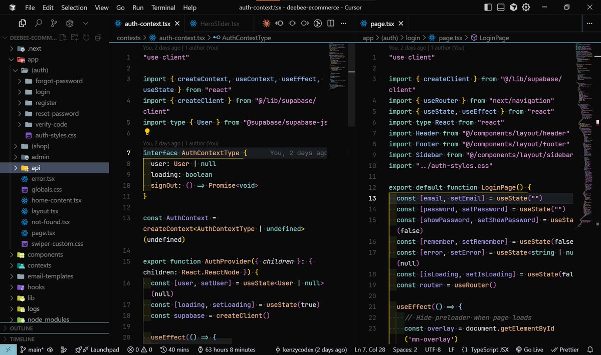 kenzycodex's tweet image. Been deep in the auth setup for DeeBee 🛍️
Context, pages, Supabase - everything slowly falling into place (after breaking a few times first 😂).
Clean structure, smooth flow, and lots of console.logs along the way 💻😎
#buildinpublic #Nextjs #TypeScript #Ecommerce #DevJourney