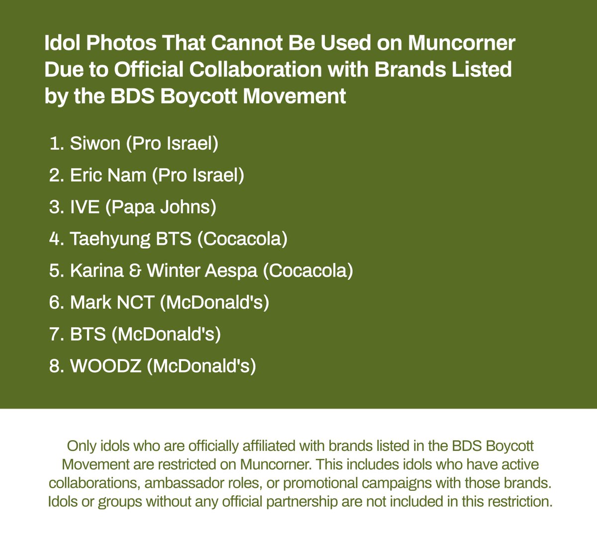 muncorner's tweet image. 📢 Updated version.

Berikut daftar pfp idol yang tidak diperbolehkan saat mengirim menfess karena terafiliasi resmi dengan brand zionist. Jika menemukan menfess dengan foto dari daftar ini, silakan tag @corner_support.