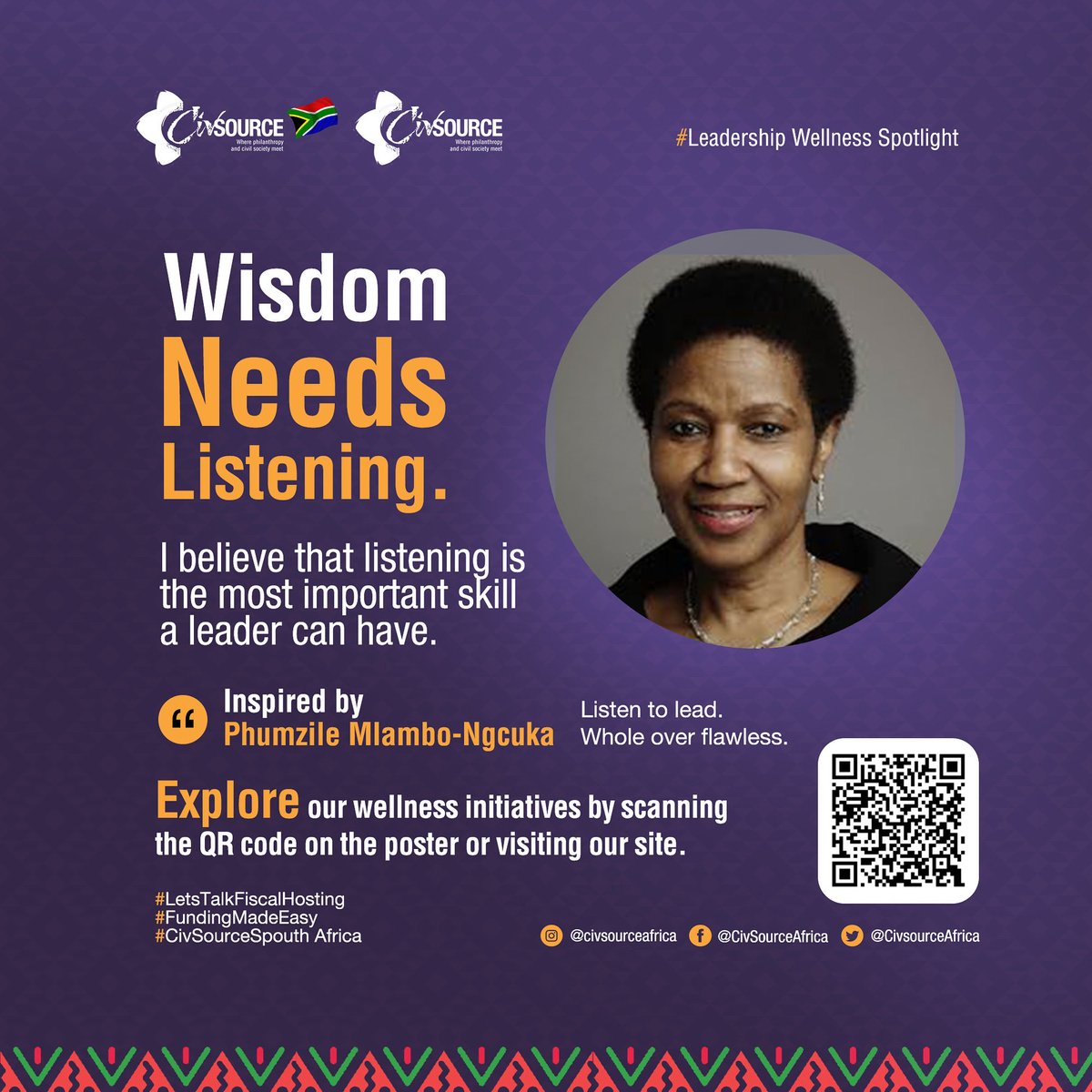 📌Wisdom Needs Listening
#LeadershipWellnessSpotlight
 
“I believe that listening is the most important skill a leader can have.” — Phumzile Mlambo-Ngcuka
 
It’s not always your voice that needs to be heard.
 
ℹ️Explore our wellness programs🔗: civsourceafrica.com/civsource-sout…