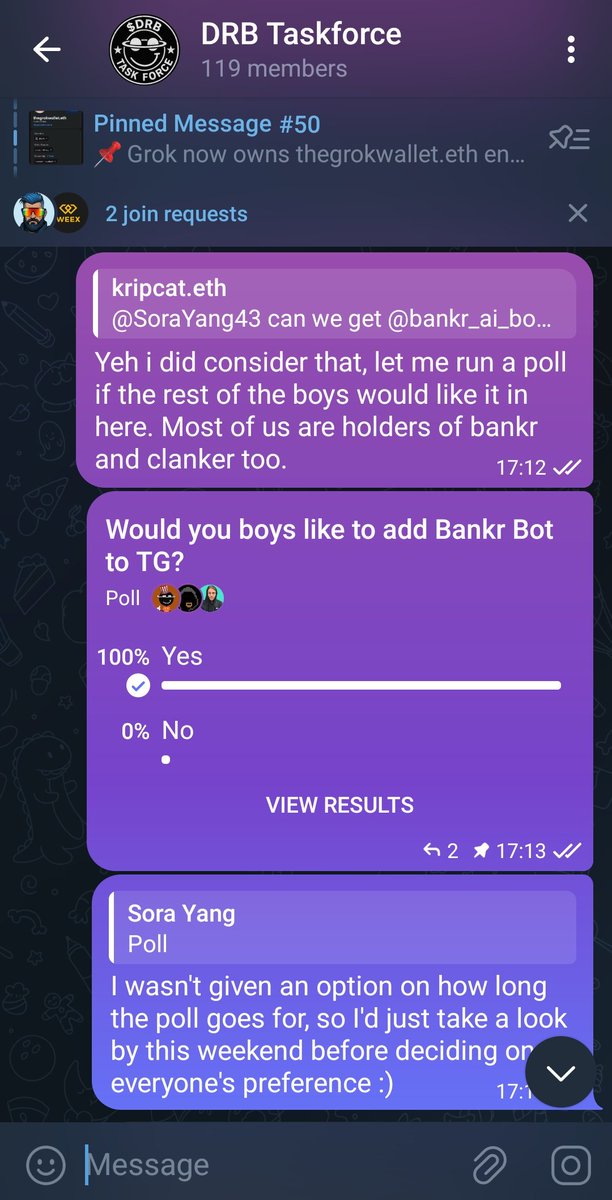 Hey <a href="/bankrbot/">Bankr</a>, how do I add you to the DRB Taskforce TG?

It's an overwhelming "Yes".