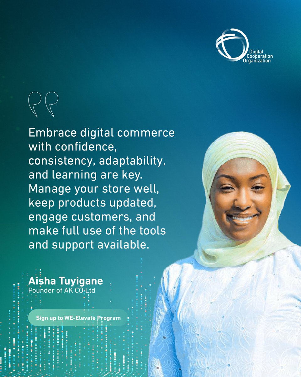 dcorg's tweet photo. For Aisha Tuyigane, founder of AK CO. Ltd, success in digital commerce comes from consistency, adaptability, and continuous learning.

Through the WE-Elevate Rwanda program, she’s building confidence to manage her online store, engage customers, and grow sustainably.

Aisha’s journey shows how digital tools and the right support can empower entrepreneurs to lead in a connected economy.

Join WE-Elevate now: https://t.co/2t4WXVnL3w

@MINICTRwanda

#WeElevate #DCO #DigitalEconomy #WomenInBusiness #YouthInBusiness #DigitalProsperity4All