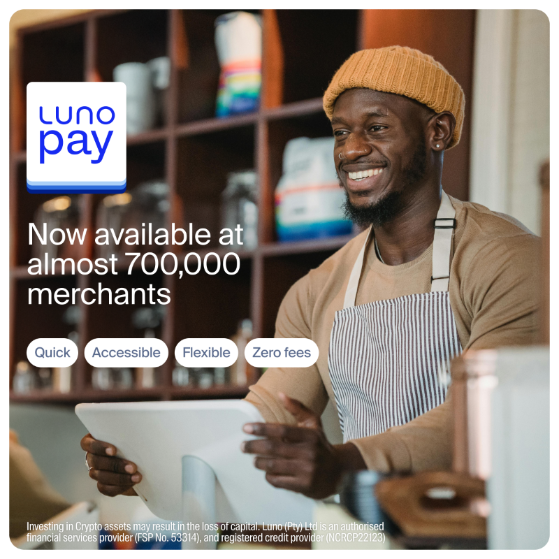 LunoGlobal's tweet photo. Buy with crypto at almost 700,000 merchants across South Africa using Luno Pay and earn up to 10% back in USDT on every purchase.