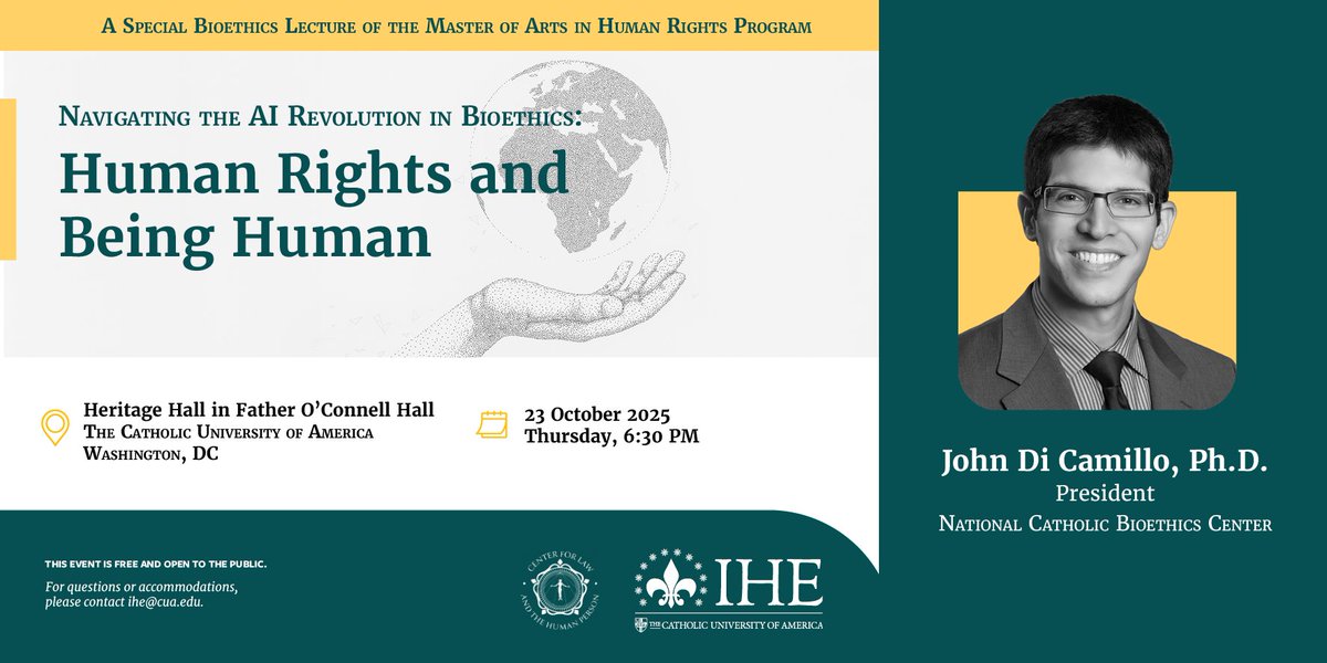 TOMORROW: Join the IHE and <a href="/CLHP_CUA/">Center for Law and the Human Person</a> for “Navigating the AI Revolution in Bioethics: Human Rights and Being Human”, a special lecture of the M.A. in Human Rights program, with <a href="/NCBCenter/">The National Catholic Bioethics Center</a>'s John Di Camillo.

Register here: ihe.catholic.edu/event/navigati…