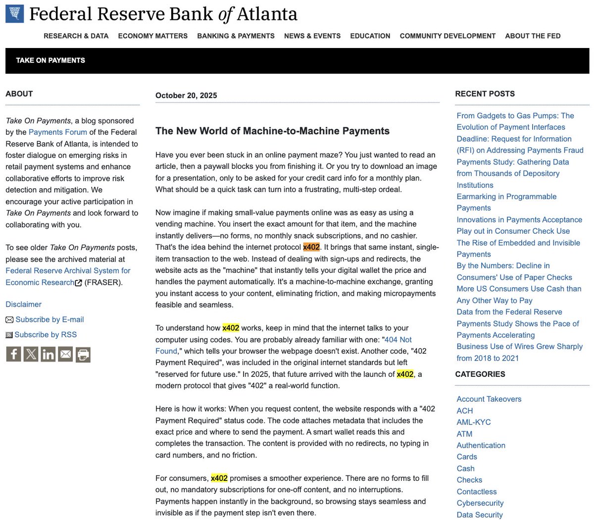 ShanAggarwal's tweet image. pretty cool to see the Federal Reserve Board of Atlanta write a post about x402!
a whole new world of value is about to be unlocked on the internet
