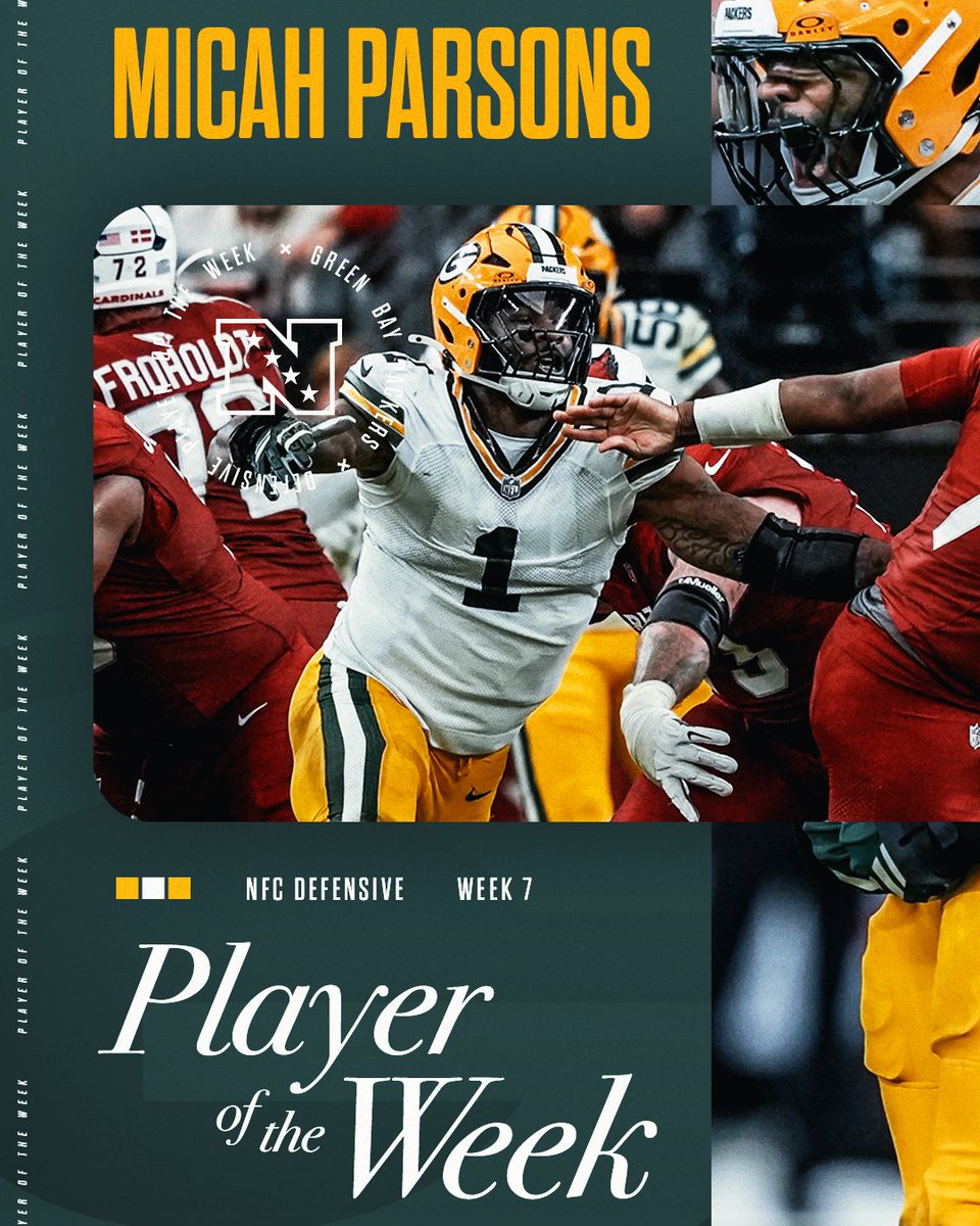 packers's tweet image. MICAH. PARSONS.
Say hello to Week 7's NFC Defensive Player of the Week!