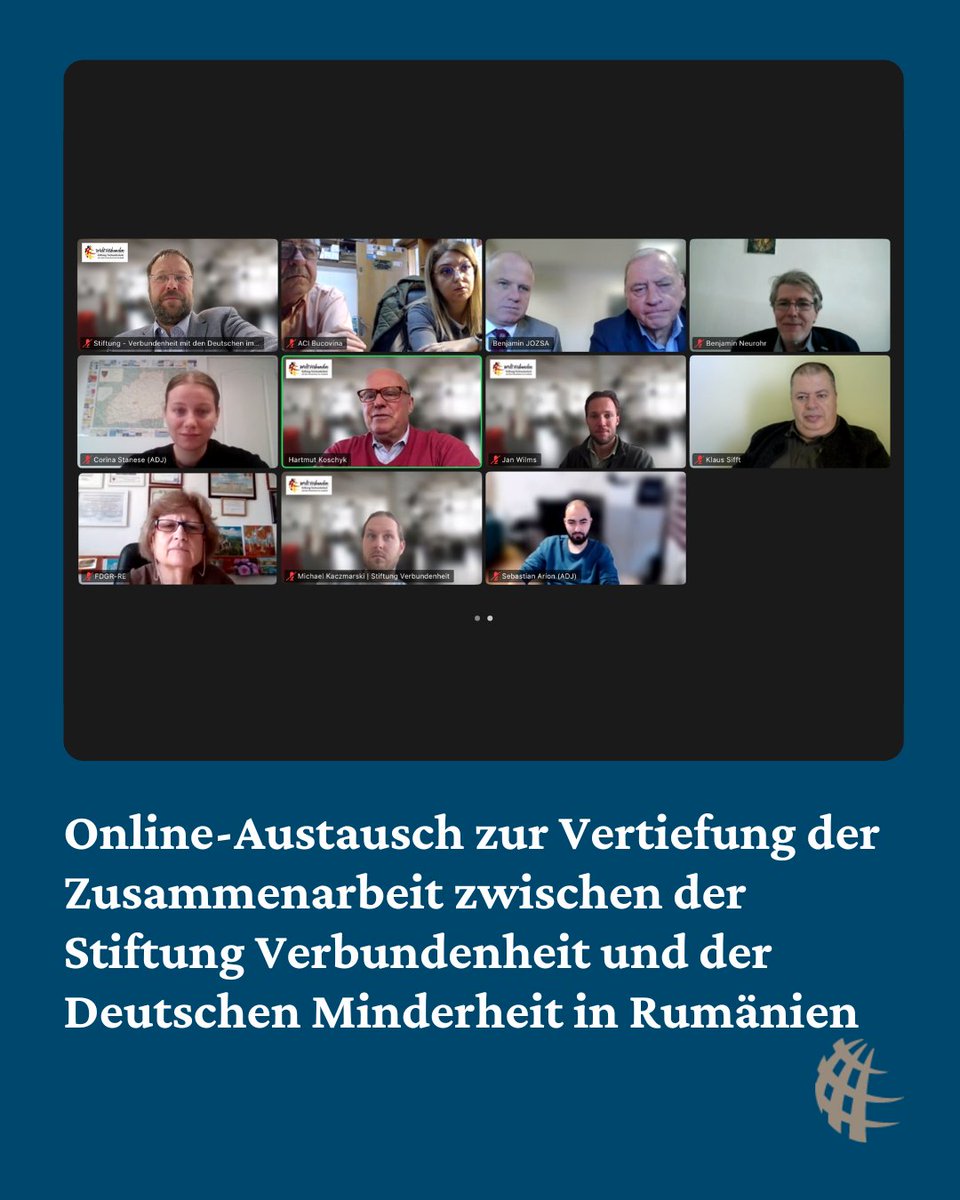 Online-Austausch zur Vertiefung der Zusammenarbeit zwischen der Stiftung Verbundenheit und der Deutschen Minderheit in Rumänien 

stiftung-verbundenheit.de/blog/online-au…

#StiftungVerbundenheit #Rumaenien #DeutscheMinderheit #Mittlerorganisation