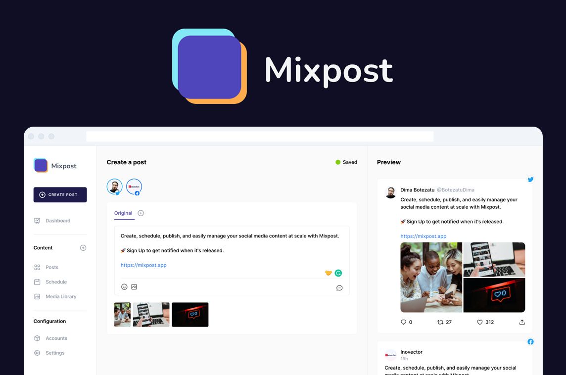 MadeWithVueJS's tweet image. Mixpost is a social media scheduling app that you can host yourself to plan your tweets, TikToks and more 💬 It's built with Vue & Laravel by @BotezatuDima! - madewithvuejs.com/mixpost