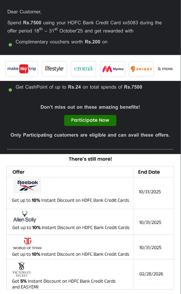 ConnectwithJJR's tweet image. 🎉 Festive Treats from #HDFC 🚨
Rs.200 Voucher for you, Customer !!!
Spend Rs.7500 using your HDFC Bank #MoneyBackPlus Credit Card 💳 during the offer period 18th – 31st October'25 🔔
Get rewarded with Complimentary vouchers worth Rs.200 😀👇🏼 and Earn cashpoints up to Rs.24…