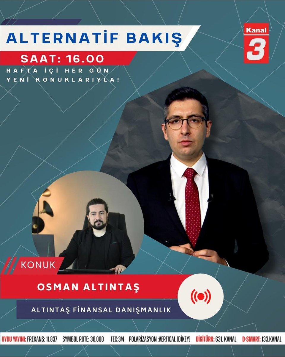 Bugün 16:30–17:30 saatleri arasında Kanal 3’te yayınlanan Alternatif Bakış programına konuk olacağım. 💬 Para piyasalarını ve hem Türkiye’de hem de dünyada bu piyasaları etkileyen gelişmeleri değerlendireceğiz. 📷 Programı Digitürk’ten ve Kanal 3 sitesi üzerinden