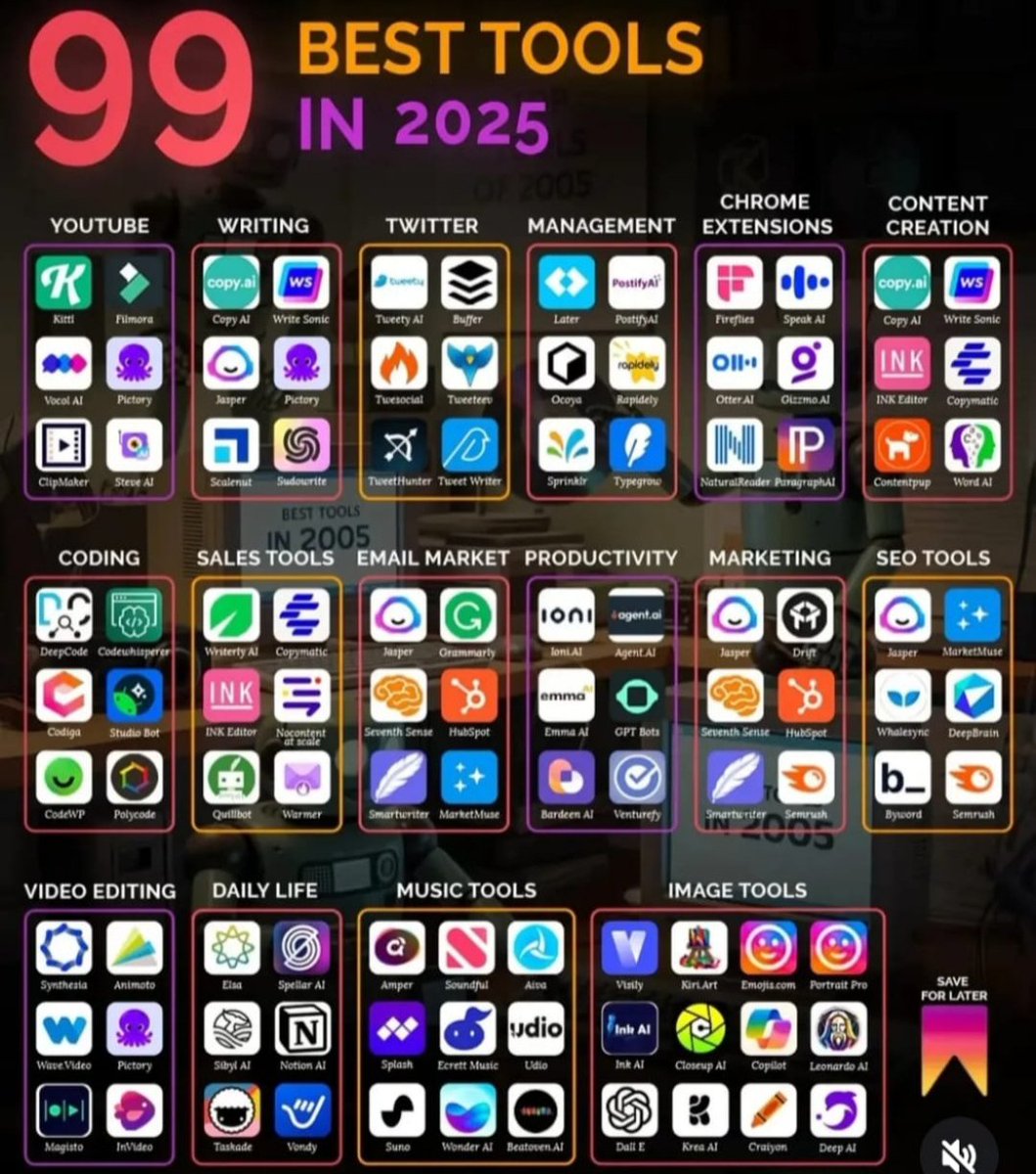 I_zafarali143's tweet image. 💥 99 Best AI Tools to Rule 2025.
🔥 My top picks:
1️⃣ ChatGPT : The all-round genius
2️⃣ Notion AI : Organize everything effortlessly.
3️⃣ Pictory : Turn videos into magic 🎬
💾 Save this post for later!
🔁 Repost to help others discover these game changing tools.