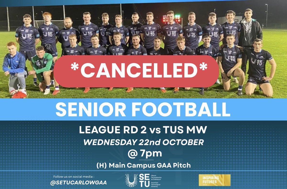 Senior football game this evening is cancelled ❌

See updated schedule for the rest of the week 
Thursday: 
Senior Hurlers take on MICT on our Main Campus. @ 7pm 

Fresher Footballers play TUD away @ 6:30pm