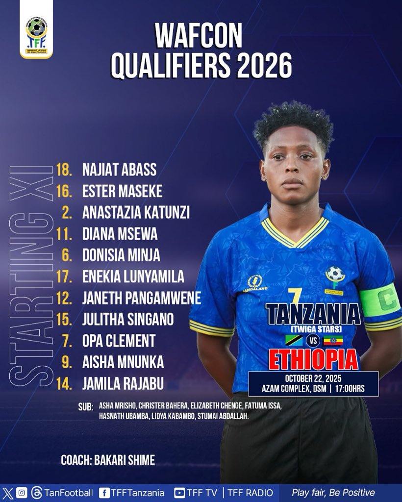 twigastars's tweet photo. Kikosi cha timu ya Taifa ya Wanawake “Twigastars” kinachoanza kwenye mchezo wa Kufuzu WAFCON 2026 dhidi ya Ethiopia

@twigastars https://t.co/Ia06bcxtjF