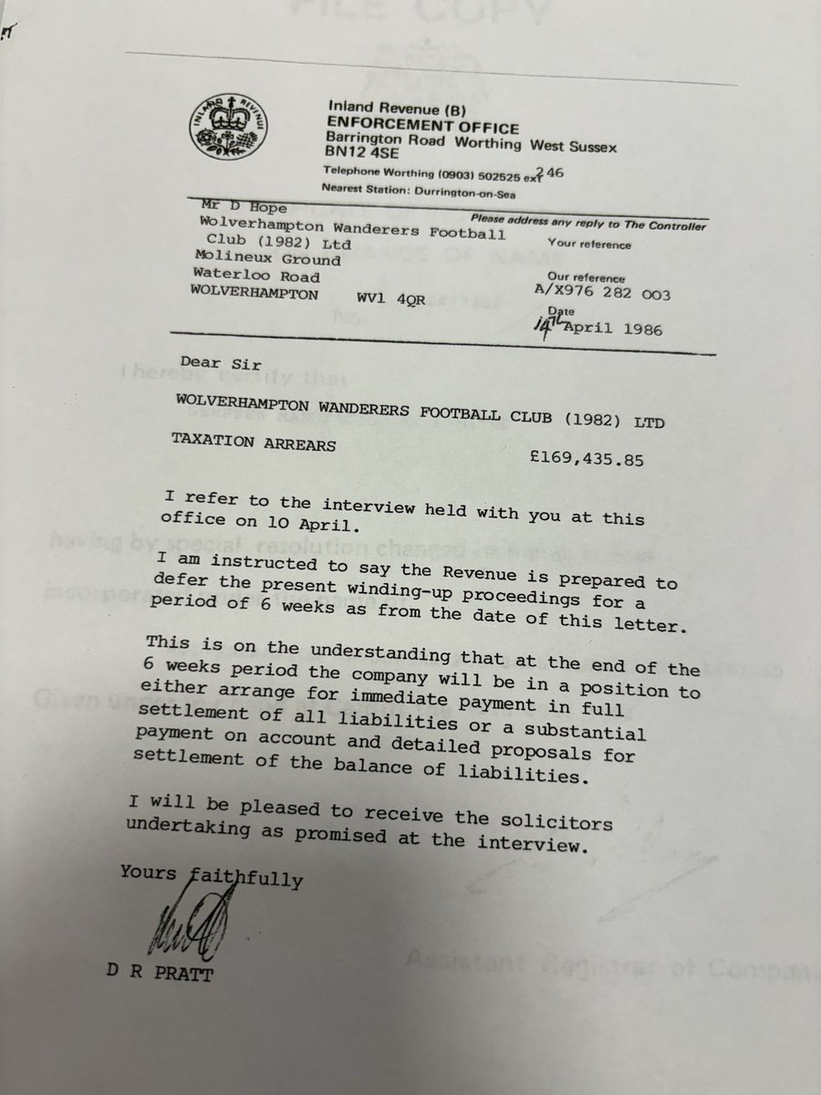 An inland revenue taxation arrears letter to Wolves from the enforcement office.

Dated 14th April 1986.
