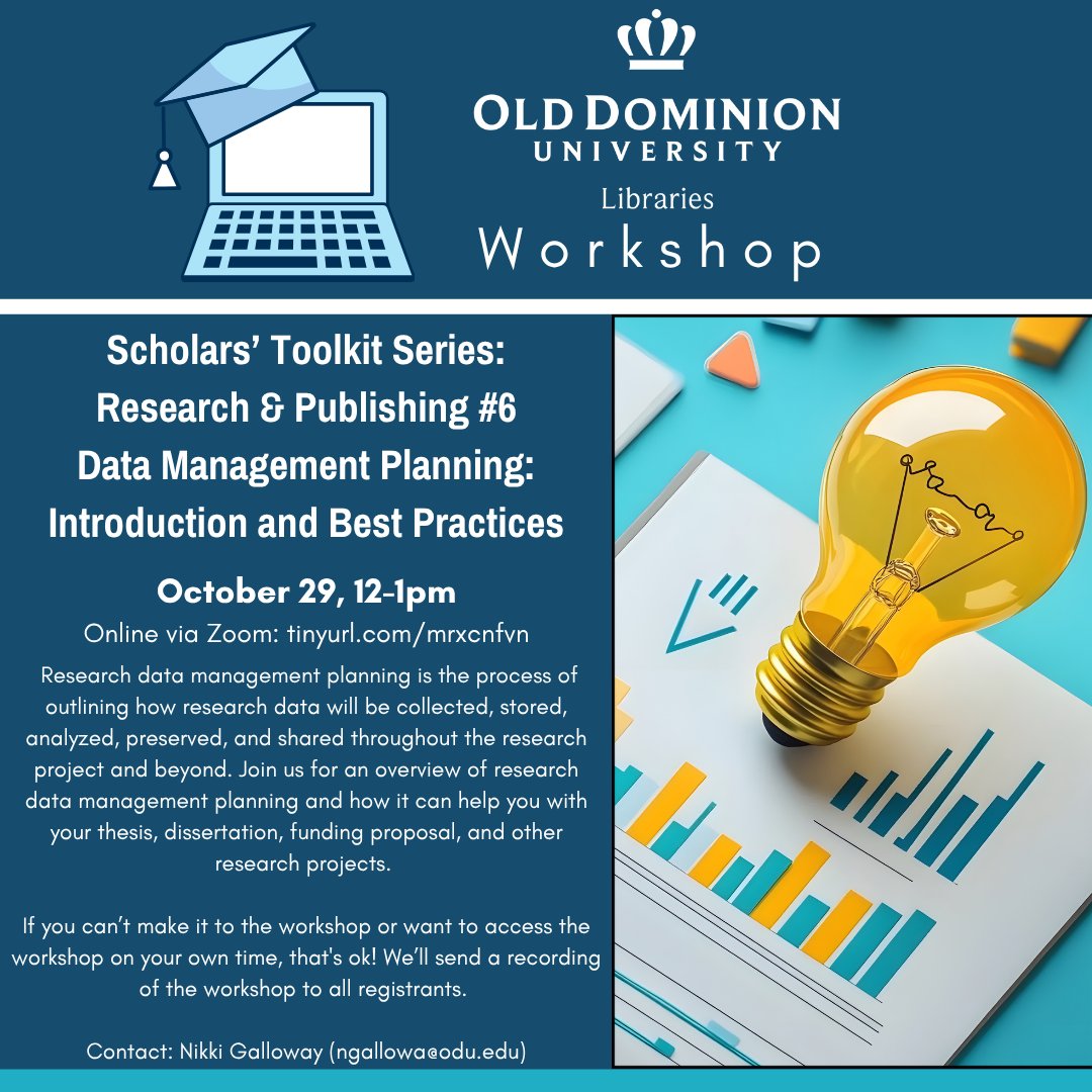 ODULibraries's tweet image. Join us for Scholars’ Toolkit Series: Research & Publishing #6 Data Management Planning: Introduction and Best Practices on October 29 from 12-1pm, online via Zoom!
Research data management planning is the process of outlining how research data will be collected, stored,
