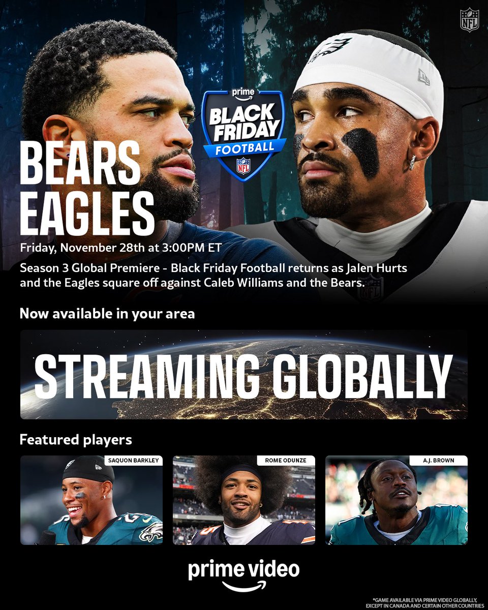 NFL (@nfl) on Twitter photo Available in more than 240 countries and territories around the world, the Black Friday game will be the first NFL event presented globally on Prime Video. 
See you Nov. 28! Available in more than 240 countries and territories around the world, the Black Friday game will be the first NFL event presented globally on Prime Video. 
See you Nov. 28!