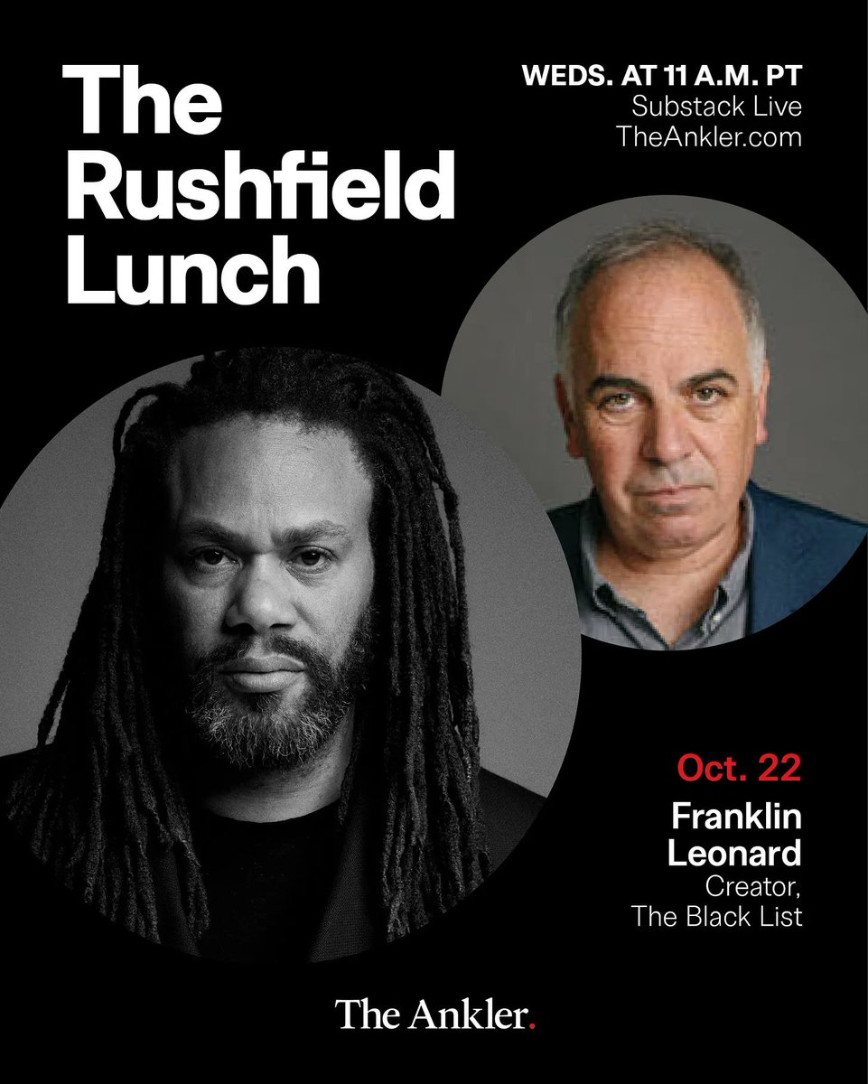 TheAnkler's tweet image. TODAY AT 11 AM P.T.: @theblcklst's @franklinleonard makes his long-awaited return to The Rushfield Lunch! Bring your rage, ire, confusion and disgust as @richardrushfield and Franklin dig into the Warner Bros. news and much more. Add to your calendar: open.substack.com/live-stream/71…